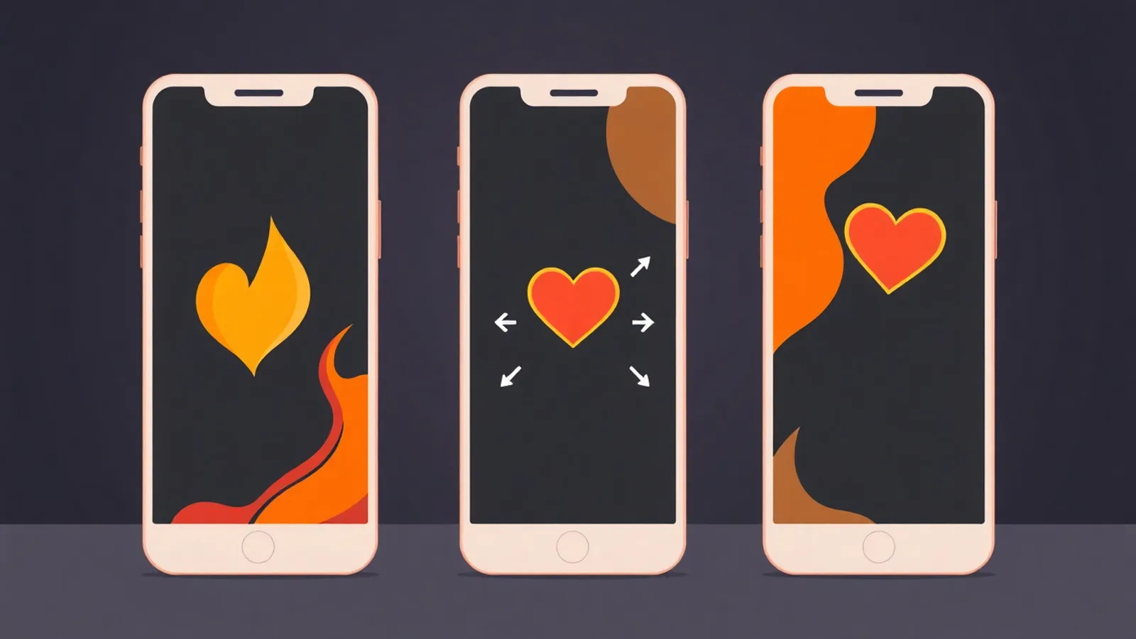Three phones showing dating app cards with hearts and flames