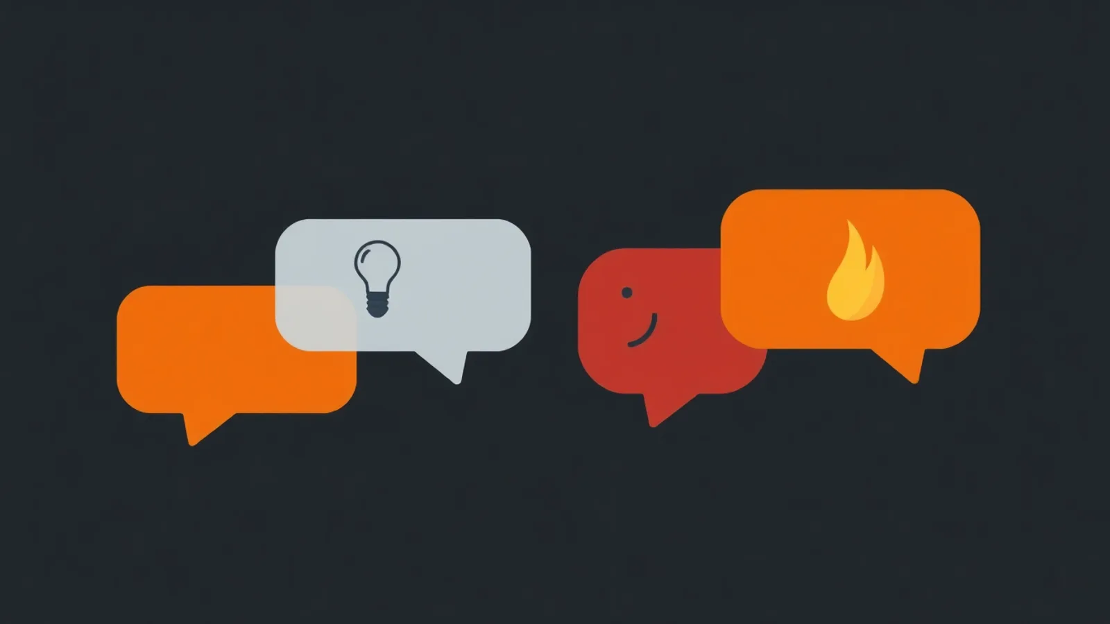 Four chat bubbles with different moods: idea, smirk and flame