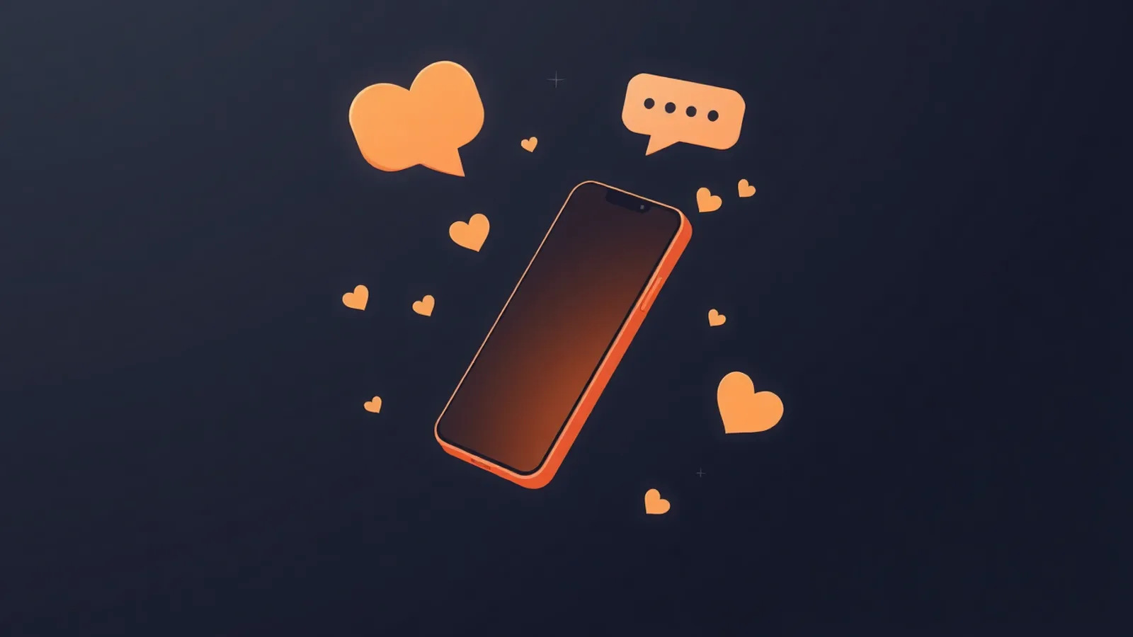 Phone floating between glowing chat bubbles and hearts