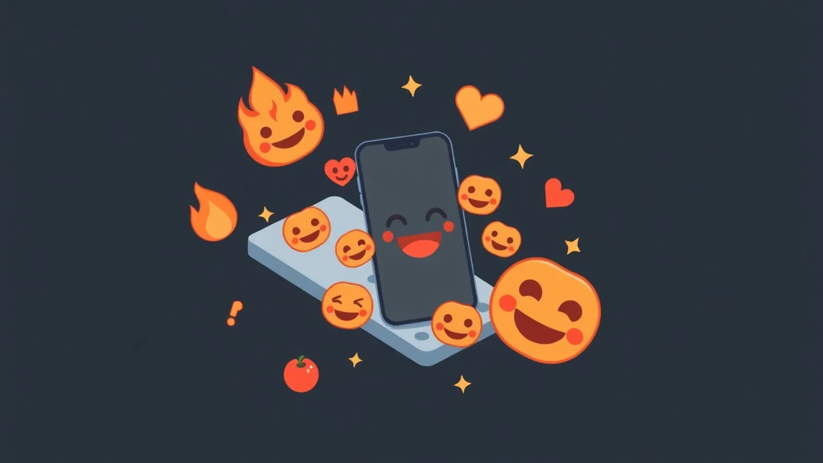 Phone screen showing a chat bubble surrounded by floating flirty emojis on a dark background